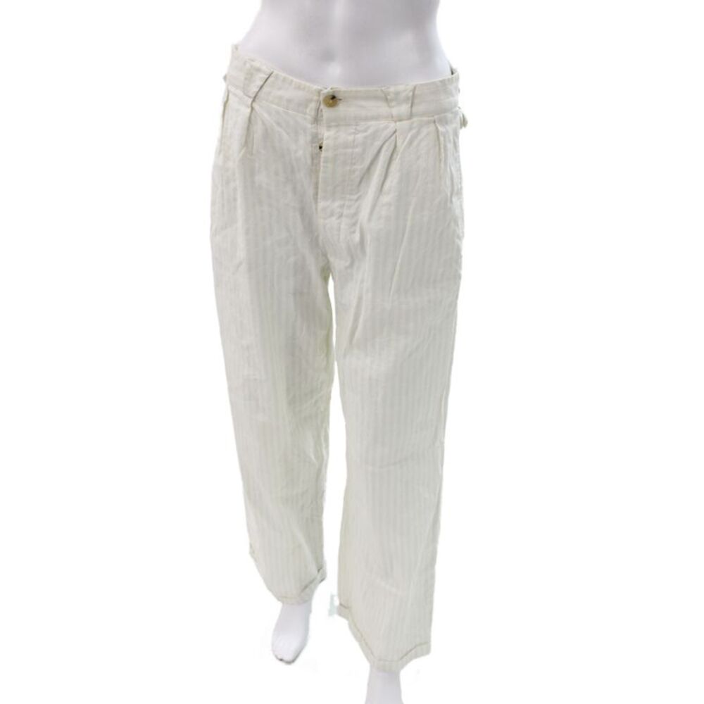 Creatures Of Comfort Women Cropped Striped Linen Pants Ivory Button Size 6